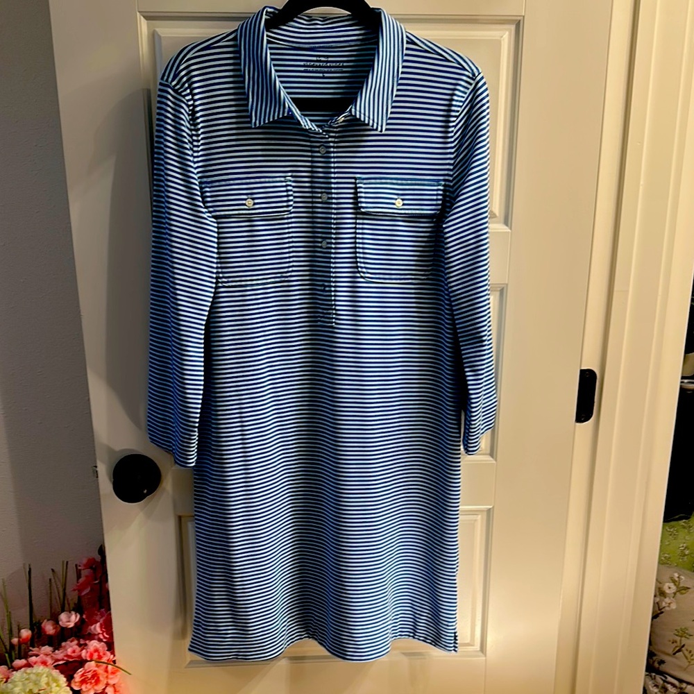 Vineyard Vines Performance Sankaty Dress Blue and Pale Mint Green Striped